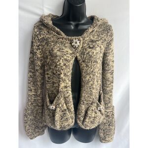 BCBG Max Azria Y2K Mohair Wool Blend Hooded Sweater Cardigan Knit M Brown Cute